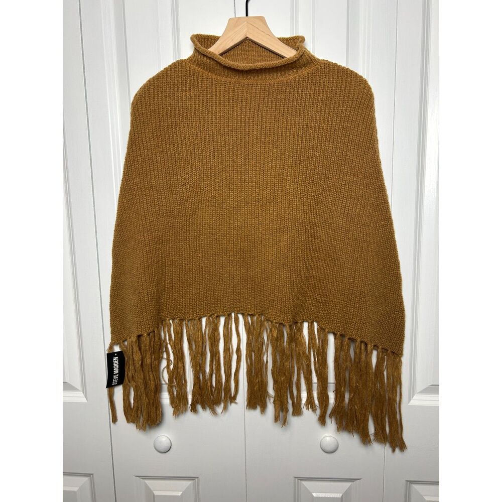 Steve Madden NWT Tobacco Brown Knit Fringe Poncho Turtleneck OS